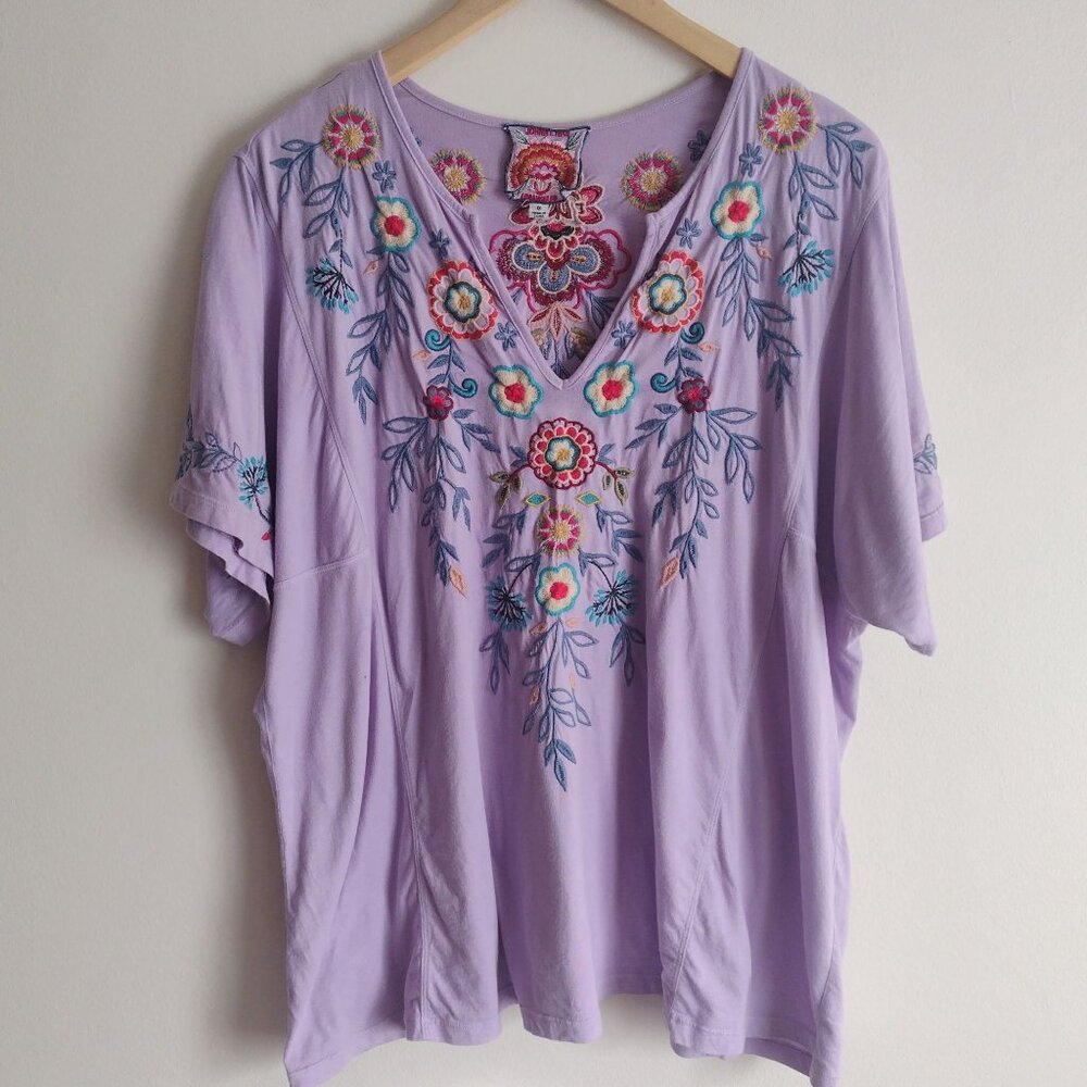 Johnny Was Purple Embellished Short Sleeve Blouse